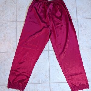 Burgundy Satin Pajama Pants with Lace Trim